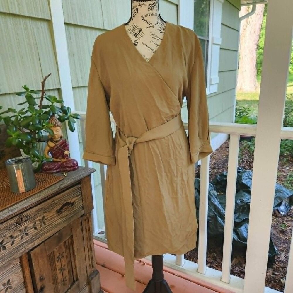 Everlane Dress, Japanese Kimono-style Wrap, Medium, Gio Weave Tunic Khaki OLivE - Picture 2 of 10